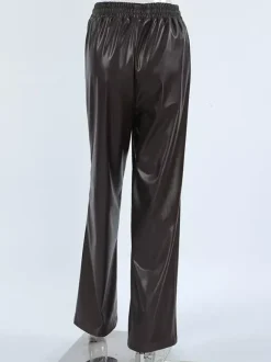 Elastic Drawstring Waist Faux Leather Wide Leg Pants Black Brown Loose Casual Trousers