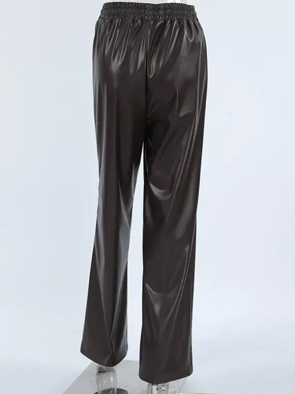 Elastic Drawstring Waist Faux Leather Wide Leg Pants Black Brown Loose Casual Trousers