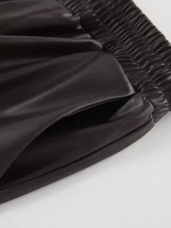 Elastic Drawstring Waist Faux Leather Wide Leg Pants Black Brown Loose Casual Trousers
