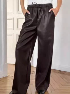 Elastic Drawstring Waist Faux Leather Wide Leg Pants Black Brown Loose Casual Trousers