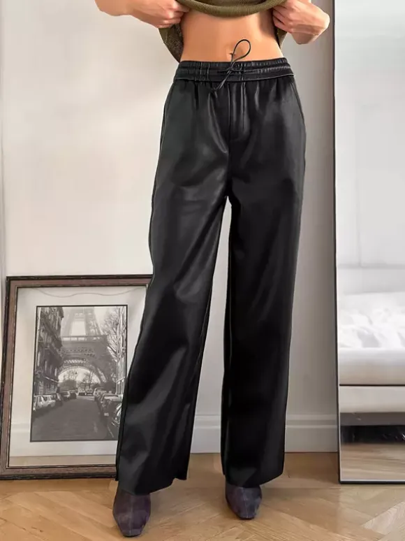 Elastic Drawstring Waist Faux Leather Wide Leg Pants Black Brown Loose Casual Trousers