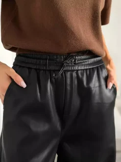 Elastic Drawstring Waist Faux Leather Wide Leg Pants Black Brown Loose Casual Trousers