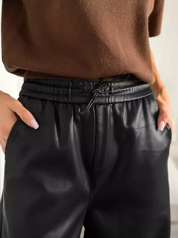 Elastic Drawstring Waist Faux Leather Wide Leg Pants Black Brown Loose Casual Trousers