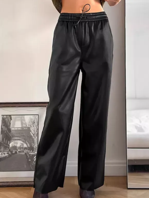 Elastic Drawstring Waist Faux Leather Wide Leg Pants Black Brown Loose Casual Trousers