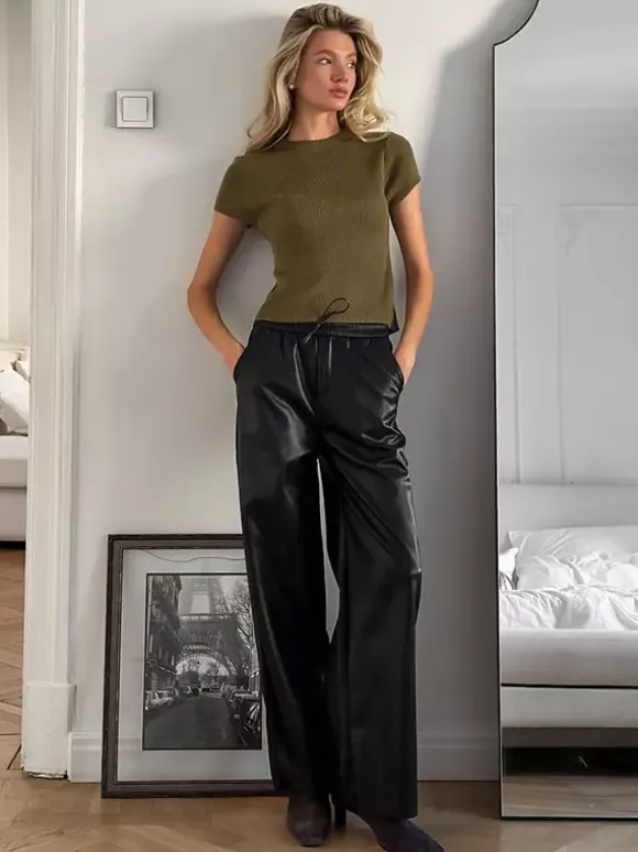 Elastic Drawstring Waist Faux Leather Wide Leg Pants Black Brown Loose Casual Trousers