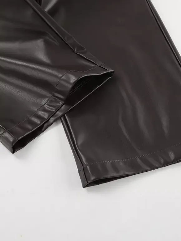 Elastic Drawstring Waist Faux Leather Wide Leg Pants Black Brown Loose Casual Trousers