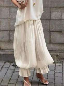 Elastic High Waist Ruffle Cuff Wide Leg Harem Pants Flowy Draped Casual Trousers