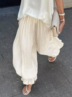 Elastic High Waist Ruffle Cuff Wide Leg Harem Pants Flowy Draped Casual Trousers