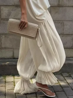 Elastic High Waist Ruffle Cuff Wide Leg Harem Pants Flowy Draped Casual Trousers