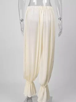 Elastic High Waist Ruffle Cuff Wide Leg Harem Pants Flowy Draped Casual Trousers