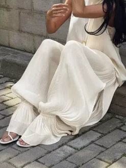 Elastic High Waist Ruffle Cuff Wide Leg Harem Pants Flowy Draped Casual Trousers