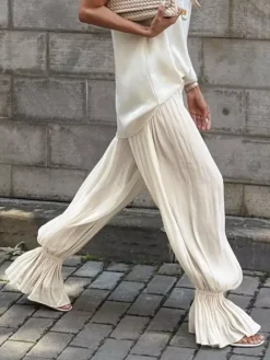 Elastic High Waist Ruffle Cuff Wide Leg Harem Pants Flowy Draped Casual Trousers