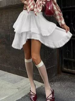 Elastic Waist Asymmetrical Lace Trim Tiered Mini Skirt