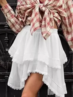 Elastic Waist Asymmetrical Lace Trim Tiered Mini Skirt