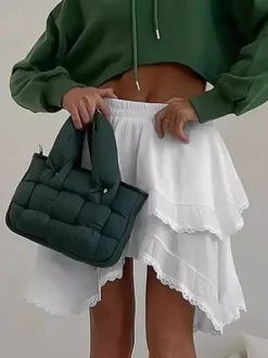Elastic Waist Asymmetrical Lace Trim Tiered Mini Skirt