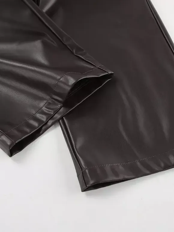 Elastic Waist Drawstring Faux Leather Wide Leg Pants