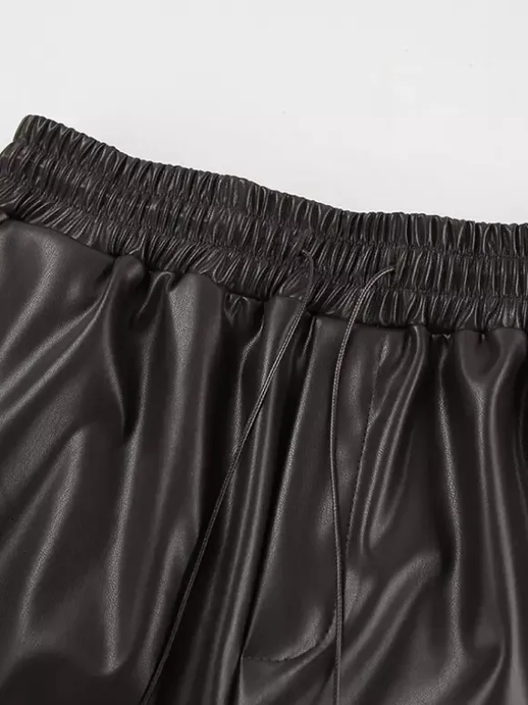 Elastic Waist Drawstring Faux Leather Wide Leg Pants