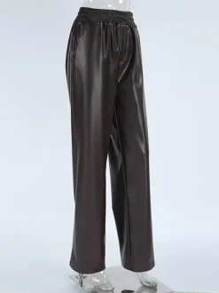 Elastic Waist Drawstring Faux Leather Wide Leg Pants