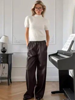 Elastic Waist Drawstring Faux Leather Wide Leg Pants
