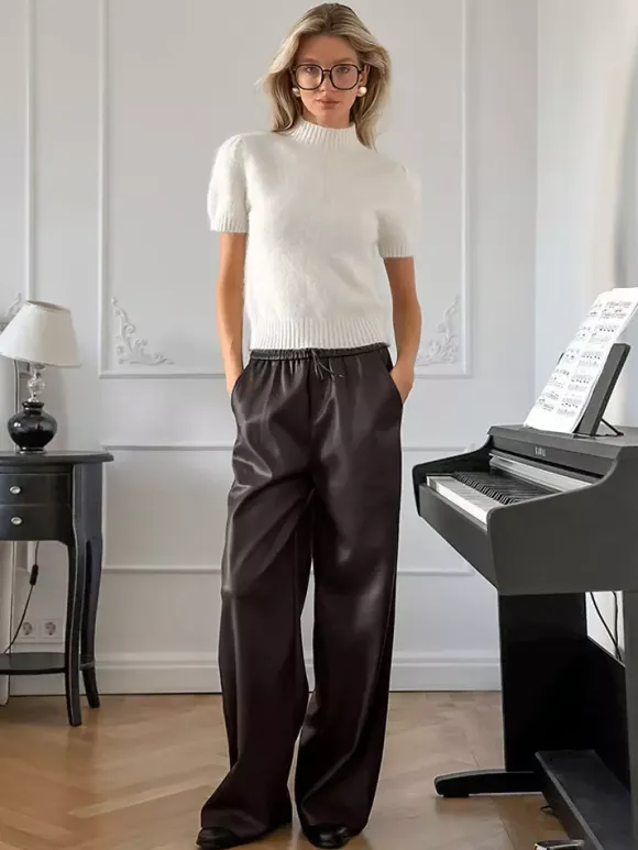 Elastic Waist Drawstring Faux Leather Wide Leg Pants