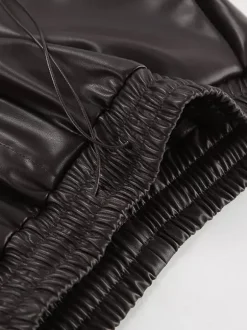 Elastic Waist Drawstring Faux Leather Wide Leg Pants