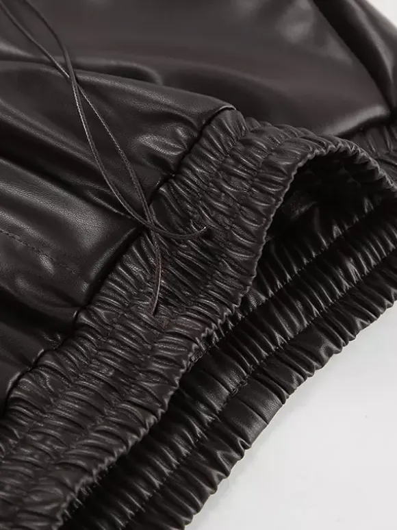 Elastic Waist Drawstring Faux Leather Wide Leg Pants