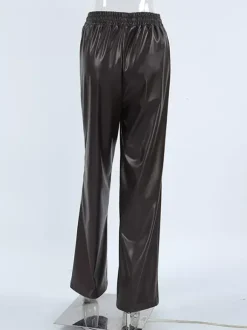 Elastic Waist Drawstring Faux Leather Wide Leg Pants