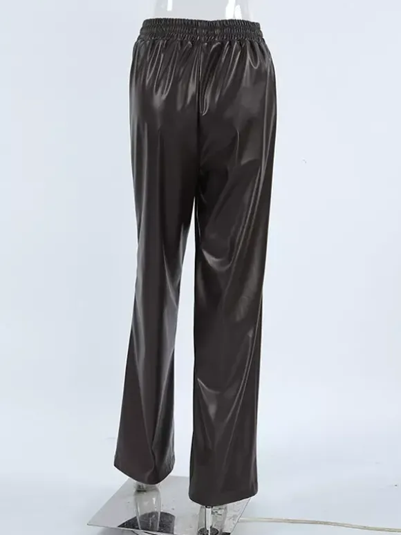 Elastic Waist Drawstring Faux Leather Wide Leg Pants