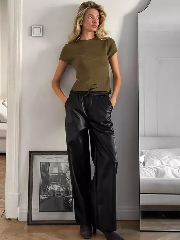 Elastic Waist Drawstring Faux Leather Wide Leg Pants