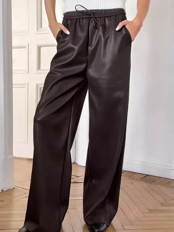 Elastic Waist Drawstring Faux Leather Wide Leg Pants