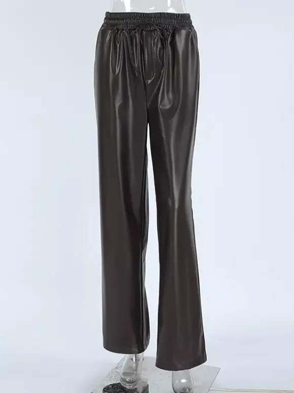 Elastic Waist Drawstring Faux Leather Wide Leg Pants