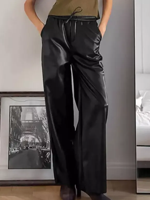 Elastic Waist Drawstring Faux Leather Wide Leg Pants