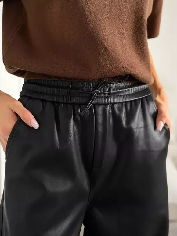 Elastic Waist Drawstring Faux Leather Wide Leg Pants