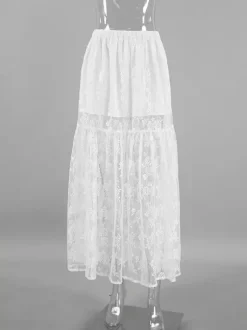 Elastic Waist Sheer Floral Lace Tiered Maxi Skirt Black White See Through Long Bottoms