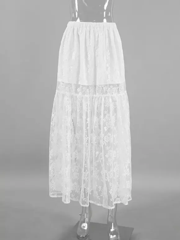 Elastic Waist Sheer Floral Lace Tiered Maxi Skirt Black White See Through Long Bottoms