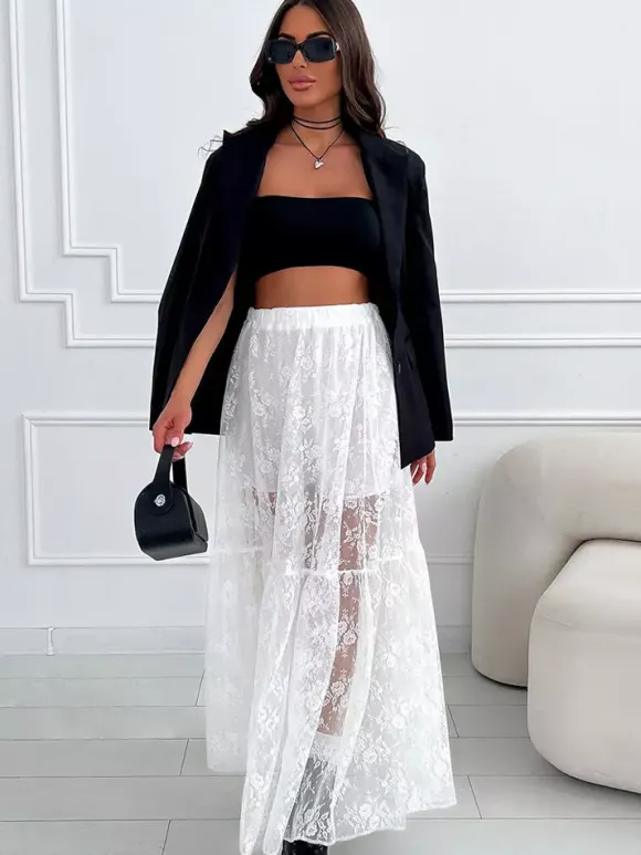Elastic Waist Sheer Floral Lace Tiered Maxi Skirt Black White See Through Long Bottoms