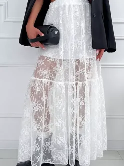 Elastic Waist Sheer Floral Lace Tiered Maxi Skirt Black White See Through Long Bottoms