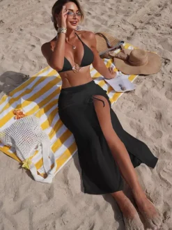 Elegant 3 Piece Swimsuit Set For Women - Halter Triangle Bikini With Gold Ring & Maxi Skirt Cover Up - Summer Resort 2026
