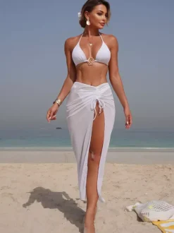 Elegant 3 Piece Swimsuit Set For Women - Halter Triangle Bikini With Gold Ring & Maxi Skirt Cover Up - Summer Resort 2026