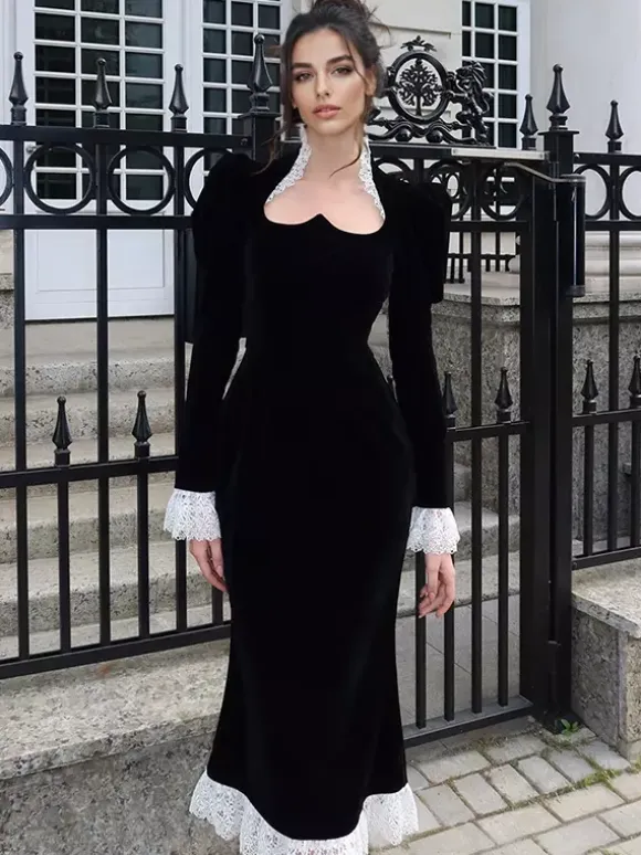 Elegant Black Velvet Dress With Lace Details Long Sleeve Spring Long Dress For Women 2026