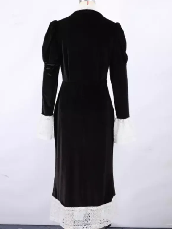 Elegant Black Velvet Dress With Lace Details Long Sleeve Spring Long Dress For Women 2026