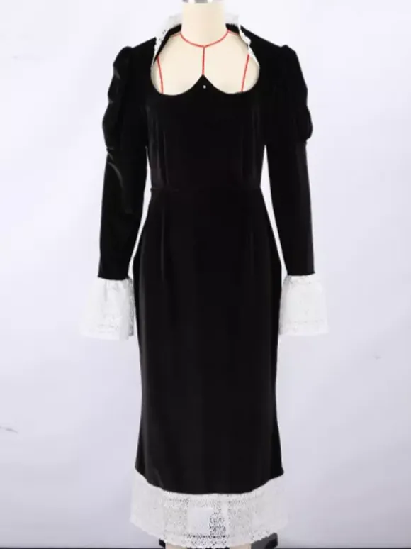 Elegant Black Velvet Dress With Lace Details Long Sleeve Spring Long Dress For Women 2026