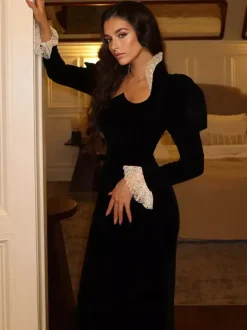 Elegant Black Velvet Dress With Lace Details Long Sleeve Spring Long Dress For Women 2026