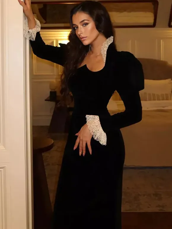 Elegant Black Velvet Dress With Lace Details Long Sleeve Spring Long Dress For Women 2026