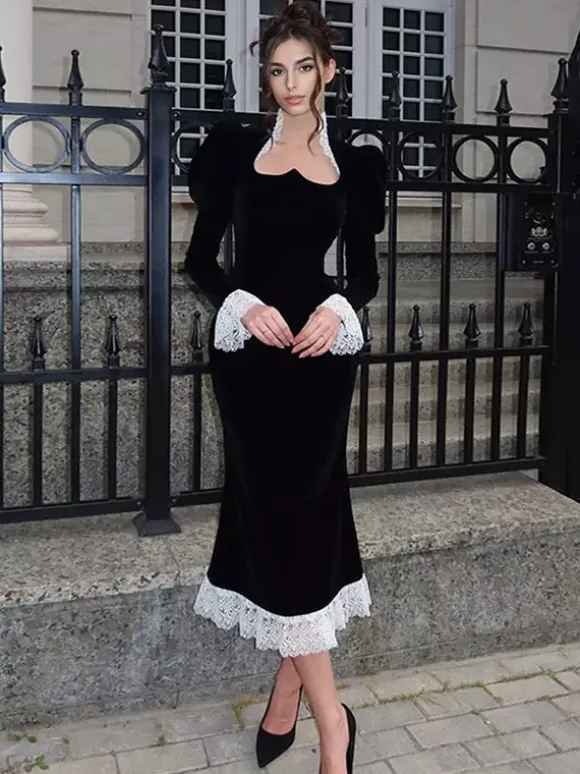 Elegant Black Velvet Dress With Lace Details Long Sleeve Spring Long Dress For Women 2026
