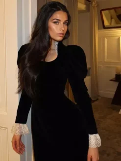Elegant Black Velvet Dress With Lace Details Long Sleeve Spring Long Dress For Women 2026