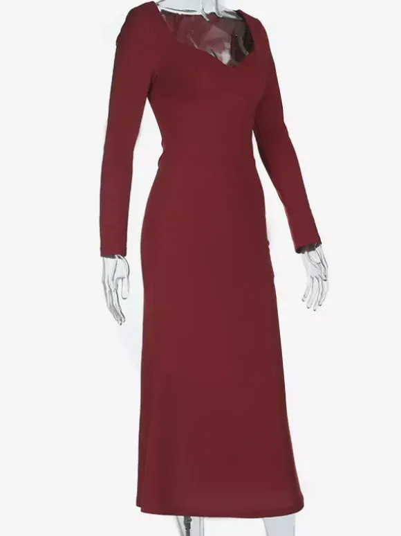 Elegant Burgundy Bodycon Dress For Women - Vintage Corset Waist Long Sleeve Long Dress - Spring Party Gown 2026