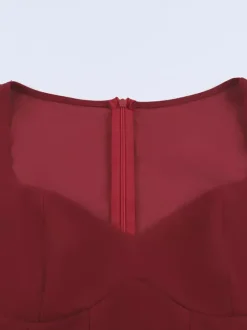 Elegant Burgundy Bodycon Dress For Women - Vintage Corset Waist Long Sleeve Long Dress - Spring Party Gown 2026