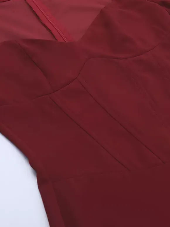 Elegant Burgundy Bodycon Dress For Women - Vintage Corset Waist Long Sleeve Long Dress - Spring Party Gown 2026
