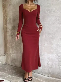 Elegant Burgundy Bodycon Dress For Women - Vintage Corset Waist Long Sleeve Long Dress - Spring Party Gown 2026